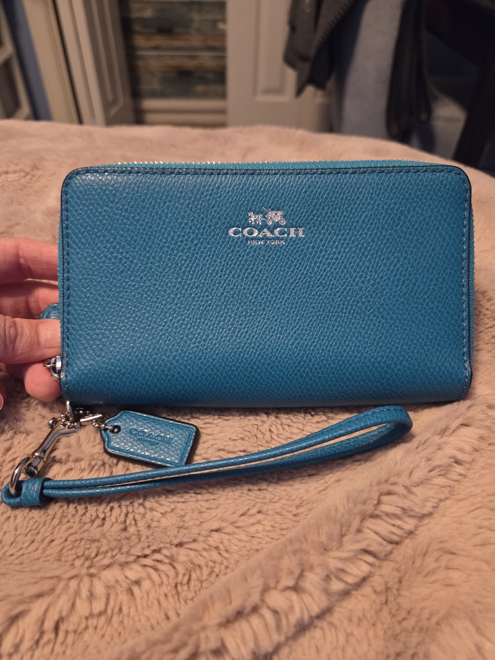 COACH Leather Zip-Around Wristlet Wallet - Teal Blue